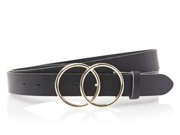 A black leather belt with two circular metal rings as the buckle. The belt is suitable for casual or formal wear.