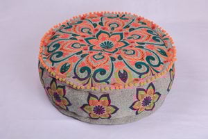 Mandala Cotton Pouf with Pompoms