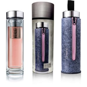 Creano Thermo-Teamaker, exclusive tea bottle, double-walled with stainless steel strainer & stainless steel lid in an elegant felt bag, pink (400ml) in a high-quality gift box