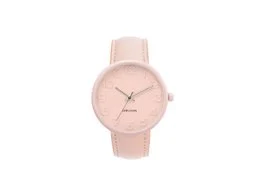 A stylish, minimalist watch with a pink steel case and a light pink leather strap. The watch features a simple, elegant dial design with a subtle logo.
