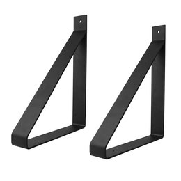 Black industrial-style shelf supports, triangular in shape, for wall shelves.