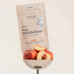  "Peach flavor metabolism booster supplement powder, beige pouch packaging, fat burning weight loss supplement"