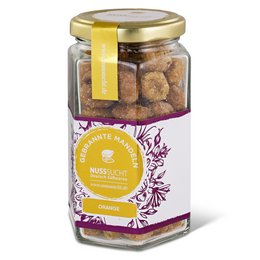 Roasted orange-flavored almonds in a 125g glass jar. The almonds have a golden-brown color and are accompanied by a slice of orange, suggesting a citrus flavor.