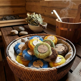  Felted glycerin soap, round disc shape, yellow green apricot scent, natural artisan handmade.