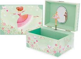 A whimsical music chest featuring a dancing girl in a pink dress, surrounded by flowers and butterflies. The chest is made of wood with a mint green and floral design, and includes a mirror inside the lid.