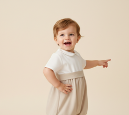 White collared romper with beige bottom, suitable for babies aged 0-18 months.