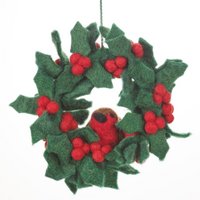Handmade Felt Fair tade Holly Mini Wreath with Robins Christmas Decoration