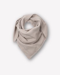 A soft, lightweight muslin neckerchief in a neutral stone color, perfect for toddlers. Made of breathable, natural fabric for comfort and style.