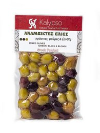 Mixed Greek olives in brown, green, and black colors.