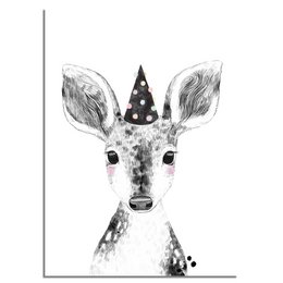 A black and white illustration of a deer wearing a party hat, with a whimsical and playful style. The image is suitable for use in a children's room or nursery decor.