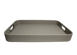 Rectangular black serving tray with stainless steel handles and crocodile-embossed texture.