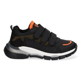 Black and orange kids' sneakers with velcro straps, featuring a chunky sole and a sporty, casual style.
