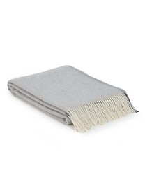  Soft, cozy light grey merino/cashmere throw blanket with fringed edges.