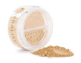 Mineral foundation in a compact container. Beige powder with a sponge applicator. Suitable for face makeup.