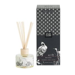 Scented reed diffuser with a rich woody and delicate spicy fragrance, packaged in a decorative glass container with a black and white pattern design.