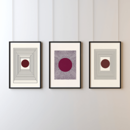 Geometric minimalist art prints, abstract circles, burgundy red, black frames, modern wall decor set