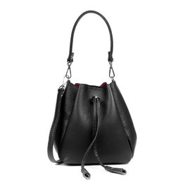  A black leather handbag with a drawstring closure and adjustable shoulder strap. The handbag features a structured, bucket-style design and is made of genuine leather.