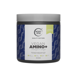 Vegan Amino+ supplement in a black and white container. Contains plant-based amino acids to support muscle recovery and growth.