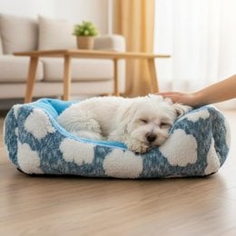 Soft plush pet bed, cloud pattern, blue grey brown, rectangular cushioned mattress, dogs cats cozy