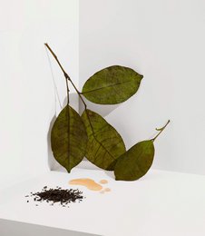 Aromatic Earl Grey tea in a ceramic canister with a wooden lid. The tea leaves have a rich, earthy aroma and a deep, complex flavor.