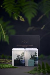A gift set containing Nordic-inspired tea canisters with a minimalist design featuring green leaves against a dark background.