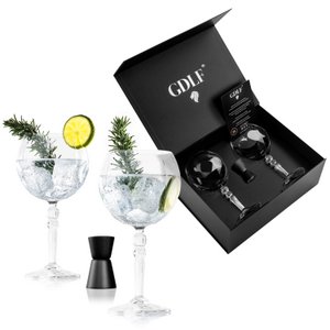Gin-Tonic-Gläser-Set aus hochwertigem Kristall – 2 Gin-Tonic-Gläser und doppelseitiges Barmaß, schwarz mit luxuriöser Aufbewahrungsbox, Cocktailgläser, das perfekte Gin-Geschenkset