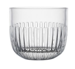  Clear glass water glass with vertical ribbed pattern.