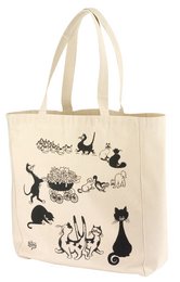  Ecru-colored shopping bag featuring a repeating pattern of black cat silhouettes and other cat-themed designs. The bag measures 40 x 36 x 16 cm.