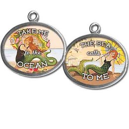 Oval-shaped pendant with a vintage-style map design and the text "The sea calls to me". The pendant features a colorful illustration of a sea creature, likely an octopus or squid, against a backdrop of a map. The pendant has a silver-tone metal frame.