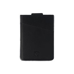 Black leather card case with dual pockets for storing cards and cash.