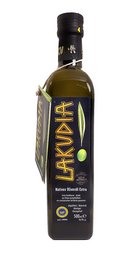 500 ml extra virgin olive oil in a glass bottle. Olive oil with a rich, fruity flavor and green color.