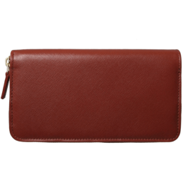 A brown leather wallet with a zipper around the edge, featuring 8 credit card slots.
