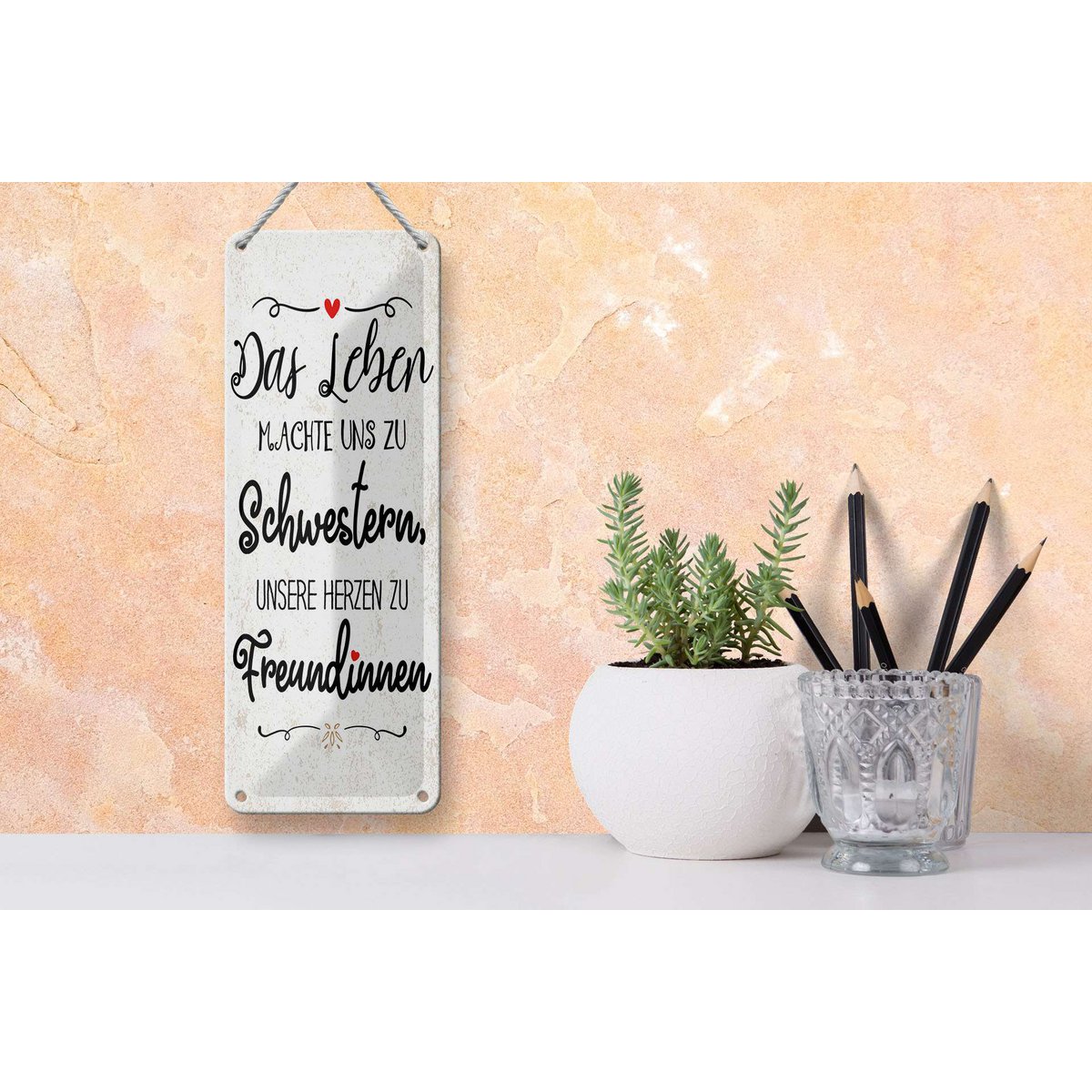 Blechschild Spruch 27x10 cm Schwestern unsere Herzen machen uns zu Freundinnen