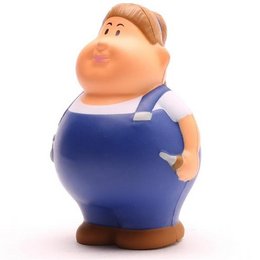 A blue figurine of a chubby man wearing overalls.