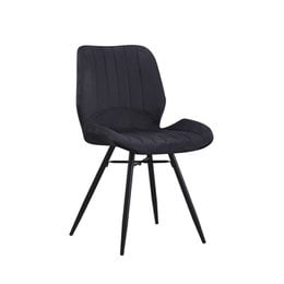 Sleek black velvet dining chair with a curved backrest and sturdy metal legs, suitable for modern dining rooms.