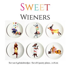  Set of 6 colorful pastry plates featuring whimsical wiener dog illustrations in various poses and outfits. Plates are made of durable ceramic material and suitable for serving desserts, appetizers, or small bites.