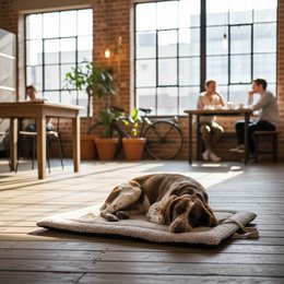  Soft, plush pet bed in neutral beige color. Suitable for small to medium-sized dogs. Dimensions: S (66x48x2cm), M (82x60x2cm), L (100x70x2cm).