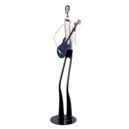  Tall metal figurine of a musician playing a cello, with a blue cello and black stand.