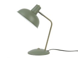 A modern, minimalist table lamp with a green metal shade and adjustable arm.