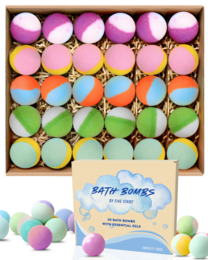  Assorted bath bombs in a variety of colors and scents including rose, jasmine, lavender, ginger, and tea tree.