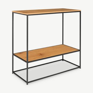 Vice consoletafel, zwart frame en twee eikenhouten planken