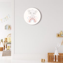  Decorative wall circle with a cute elephant and rainbow design, perfect for a kids' room. Available in multiple sizes.
