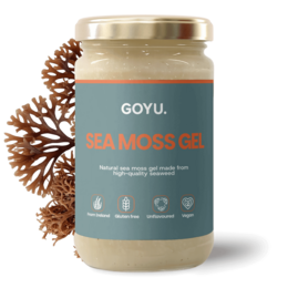  "Beige sea moss gel supplement in glass jar with teal label, natural ocean-derived health product"