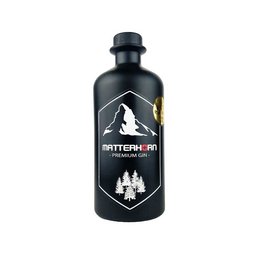 Matterhorn Gin 0.5L - A premium gin with a distinctive mountain-inspired design, featuring a black bottle with a white mountain logo and pine tree graphics. This gin is perfect for enjoying in cocktails or on its own.