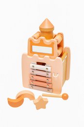  Wooden toy castle play center with various shapes and blocks in orange color.