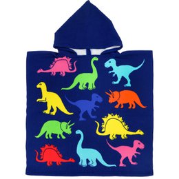 Colorful dinosaur-themed microfiber beach poncho with a hooded design, suitable for children. Features various dinosaur silhouettes in vibrant hues.