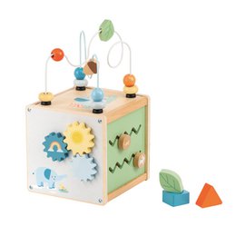  A wooden activity cube with colorful shapes, gears, and a mobile attached. The cube features various geometric shapes, textures, and moving parts to engage young children in play and exploration.