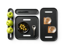 Rectangular oak wood fruit basket with black tray, holds green apples.