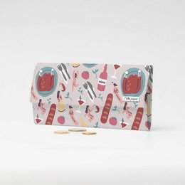 A large, clutch-style wallet made of Tyvek cardboard featuring a colorful pattern of wine and dining-related icons and illustrations.