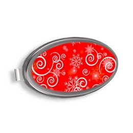 A round, red magnetic phone and key holder with swirly white patterns and snowflakes, suitable for attaching to a purse, car, or home.